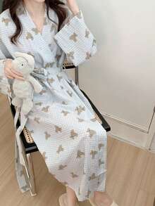 1pc Women's Robe, European & American Style Simple Long Sleeve Bathrobe, Sweet And Cute Bear Pattern, Thin Solid Color Sleepwear, Loungewear, Spring/Autumn - Baby Blue - View 9
