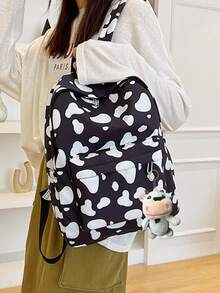 1 pieza Mochila de gran capacidad de uso versátil y multifuncional con compartimento para portátil, estilo clásico y a juego, con estampado de patrón de piel de vaca a todo color, de alta calidad en nylon, con correas ajustables, bolsillos espaciosos, impermeable y con diseño de correa para equipaje - Negro - Ver 8