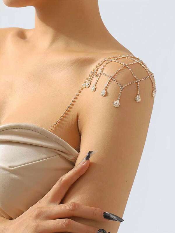 Collar de cadena para el hombro con colgante de gota de agua con tachuelas de rhinestone, cadena clavicular minimalista y sexy adecuada para vestidos sin tirantes, hombros descubiertos, hombros oblicuos, pendiente decorativo para bodas