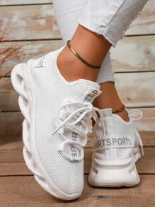 女士纯色休闲运动鞋，网眼透气，舒适软底，跑步鞋，女士白色运动鞋
