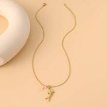 1pc Women's Stainless Steel Beach & Ocean Themed Shark Pendant Necklace With Natural Stone, Simple Everyday Necklace