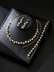 1pc Women's Pearl Necklace + 1 Pair Women's Pearl Earrings + 1pc Women's Pearl Bracelet, 4pcs Women's Fashion Pearl Jewelry Set, Suitable For Daily Wear, Wedding Dress, Music Festival, National Day, Halloween And Other Celebration Occasions - Gold - View 3