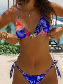 2pcs/Set Sexy Leopard & Flower Print Metal Starfish Decor Personalized Bikini Swimwear, Beach Pool Swimwear For Ladies (Color Randomly Chosen), Red And Purple Leopard Grain, Removable Swimwear Pads, Summer Dresses For Women, Summer Clothes Women, Festival, Skirts, Ibiza Outfits, Swimwear Women, Bikini Set, Swimming Costume Women, Beach Wear Women, Holiday Co Ord, Beach Dress, Bikinis For Women Sets, Swimwear