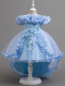 Váy chữ A trang trí ren và hoa đính cườm thanh lịch, váy công chúa ngắn phía trước dài phía sau, thích hợp cho bé gái rải hoa, đám cưới, biểu diễn sân khấu - Màu xanh lam - Xem 3