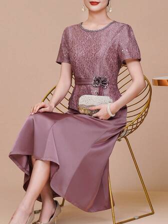 Luxury Sequin Lace Colorblock Satin Evening Gown, Short Sleeve Round Neck Formal Party Maxi Dress, Embroidered Rhinestone Neckline, 3D Floral Details, Elegant Women's Apparel, Back Zipper Closure, Suitable For All Seasons, Perfect For Weddings, Formal Events, Christmas Eve/Thanksgiving/Christmas/Chinese New Year/New Year's Eve Dress, Ideal For Weddings, Formal Occasions, Engagements, Ceremonies, Birthdays, Social Events, Galas, Cocktail Parties, Dances, Everyday, Vacations, Casual Wear