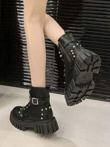 女式2025厚底休闲踝靴，系带，粗跟，防滑 - 黑色 - 查看 4