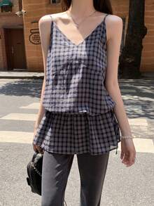 韩版V领复古格纹可调节肩带收腰中长双层吊带连衣裙 夏季优雅 - 藏蓝色 - 查看 2