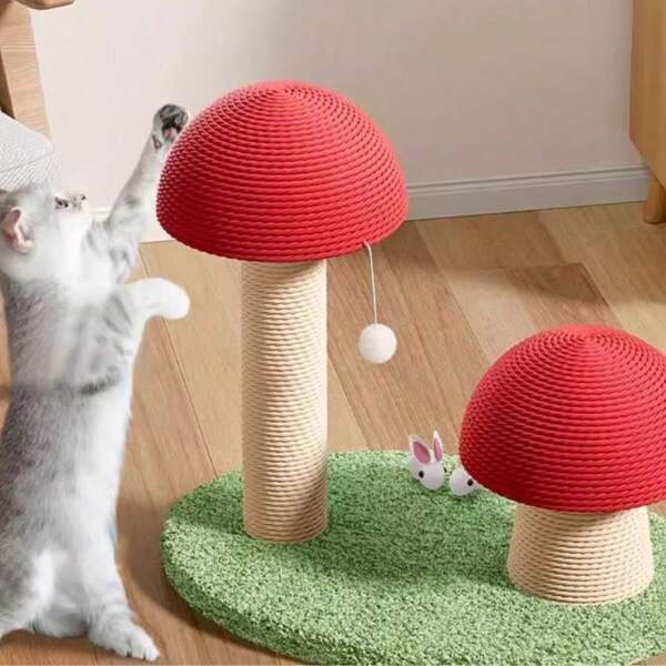 Poste rascador para gatos con diseño de seta de cuento de hadas - Hecho de material de sisal natural, resistente al desgaste y antirasguños. Diseño adorable en rojo y blanco, con bola colgante interactiva para entretenimiento, base de tapete verde para estabilidad y antideslizante.