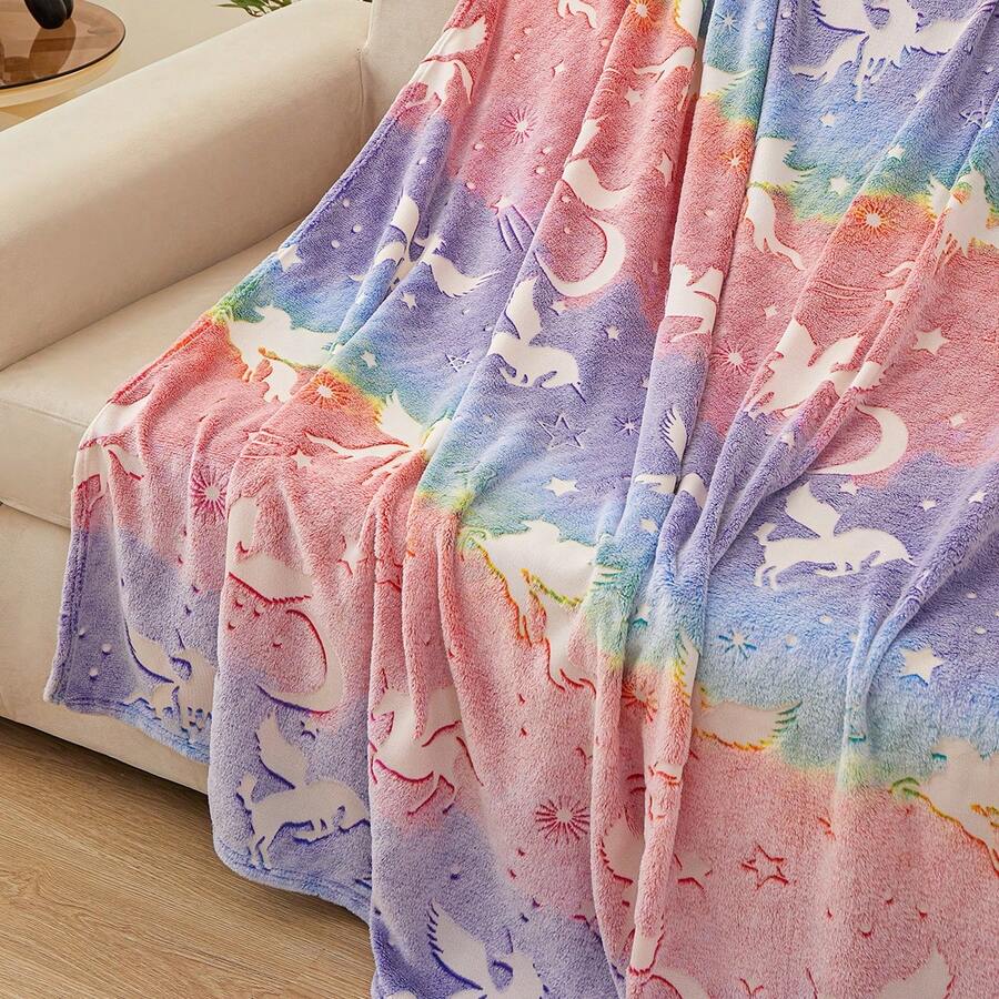 1 件粉色毛绒边单层夜光小马和星星图案毛毯，柔软亲肤的床用毛毯，多功能盖毯，适用于客厅沙发、卧室