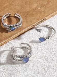 3 件时尚珠宝华丽轻盈 - 奢华百搭多层钻石镶嵌心形和花朵开口戒指，非常适合女性日常佩戴 - 彩色 - 查看 2