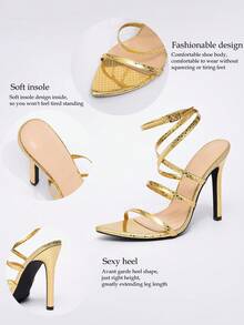 女士尖头星形交叉踝带细高跟凉鞋，优雅迷人的时尚派对，适合所有季节的金色正装鞋 - 金色 - 查看 8