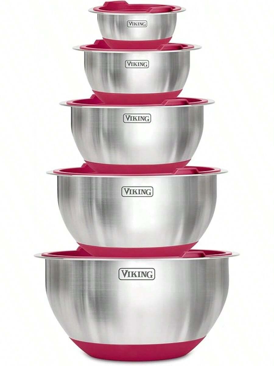 VIKING Mixing Bowls Set, 10 Piece Stainless Steel Kitchen Cookware, Non-Slip Silicone Base, Includes Tight Fit Lids, Dishwasher , Black - Red - View 1