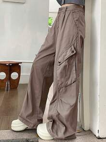 美式复古风格宽松阔腿工装裤/牛仔裤，绿灰色，冬季休闲装