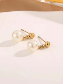1 对（2 件）日韩风格优雅珍珠耳环，精致设计，适合秋冬 - 金色 - 查看 3