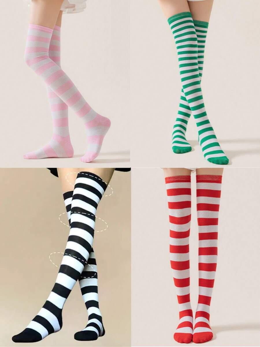 1 双女式过膝袜，COSPLAY 动漫角色扮演日式条纹纯色大腿袜，秋季袜子 - 彩色 - 查看 1