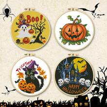 万圣节十字绣套装 - 南瓜屋 | 初学者 DIY 材料包（11CT 布料 + 3 股线）| 节日装饰创意礼物