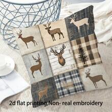 1 Stück/2 Stücke Hirsch Patchwork Kissenbezug im Landhausstil, umkehrbar in rustikalen neutralen Farben, verschiedene Größen erhältlich, Leinengemisch, Reißverschluss, maschinenwaschbar, gewebter Polyester, künstlerisch bedruckter Kissenbezug, geeignet für Wohndekoration