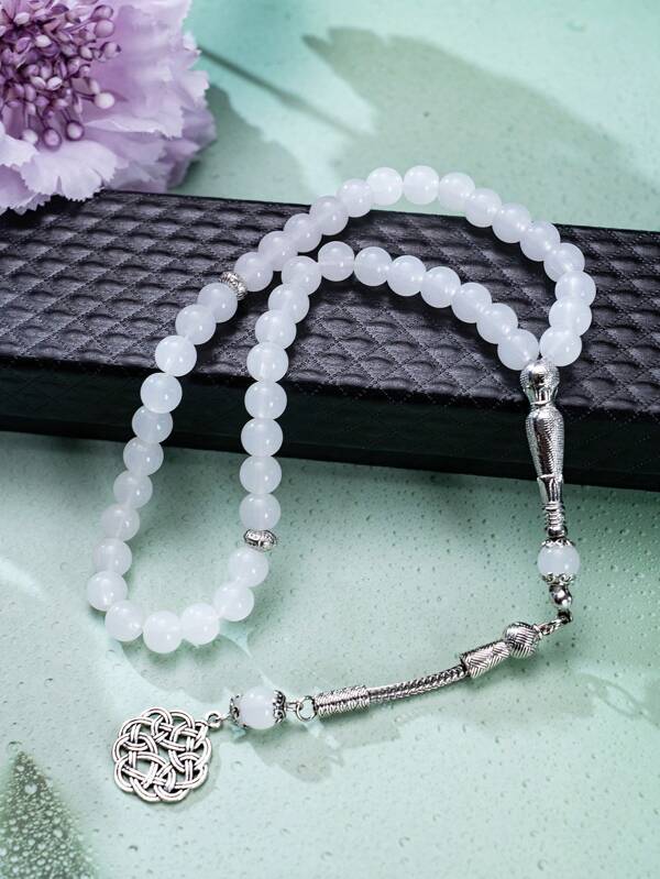 1pc Handmade Solid Color Rosary, Zinc Alloy Extra Long Pendant, Premium Black Gift Box, 8mm Beads