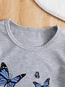 女童蝴蝶印花短袖上衣和牛仔短裤套装，夏季