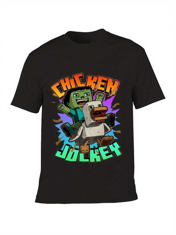 Boys' Cotton Tee - Playful 'CHICKEN JOCKEY' Cartoon Print With Excited Character Riding | 100% Soft Cotton For Cheeky Toddlers