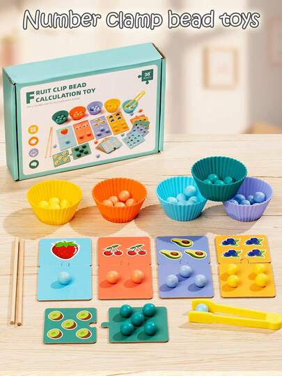 Juguete educativo de madera para niños - Rompecabezas de reconocimiento y emparejamiento de dígitos Montessori, herramienta de educación matemática temprana, juego de cálculo de frutas con cuentas, desarrollo de habilidades motoras finas y coordinación mano-ojo