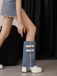 Sexy Plateau Dicksohlen Stiefel für kleine Frauen, wasserdichte Klotz Absatz Stiefel bis zur Wade, Patchwork High Heel Skinny Jeans Stiefel - Blau - Übersicht 4