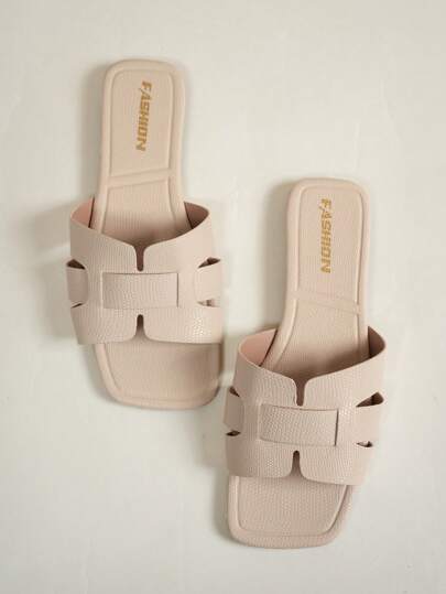 Youth Flat Sandals, Girls Lightweight Non-Slip Wear-Resistant PU Square Toe Flat Slippers, Fashionable European And American Popular Beach Vacation, Spring/Summer