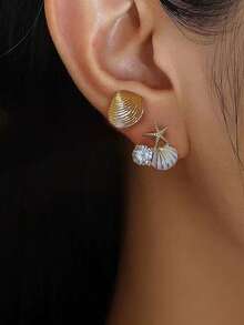 1對可愛、甜美、優雅的滴油白貝殼和海星和鑽石裝飾的海灘主題耳環,高級女士禮品珠寶 - 彩色 - 查看 7