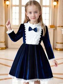 Elegant Girls' Dress With Ruffled Collar, Bowknot Decor, Long Sleeve, Suitable For Party, Casual Wear, Princess Style, Spring & Autumn - 寶藍色 - 查看 3
