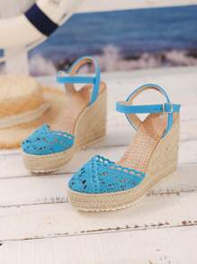 女士粗跟高跟坡跟凉鞋，新款时尚休闲厚底优雅舒适女士凉鞋，适合春夏秋季度假，休闲首选 - 藍色 - 查看 6