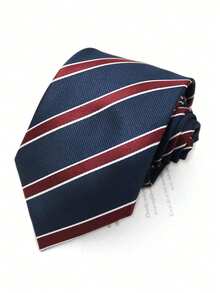 1 Pc Men's Casual Striped Polyester Necktie, Suitable For Formal And Business, Burgundy & Navy Stripe - Multicolor - View 4