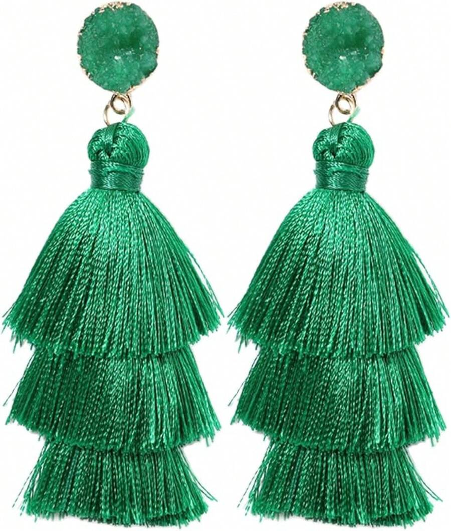 Rave Colorful Tassel Earrings Women - Layered Tassle Earrings - Choice Of Color - 綠色 - 查看 1