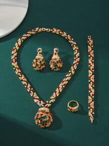 Saudi Arabian Middle East Dubai Luxury Bridal Jewelry Set, 4pcs Zirconia Necklace And Earrings, Wedding & Party Accessories