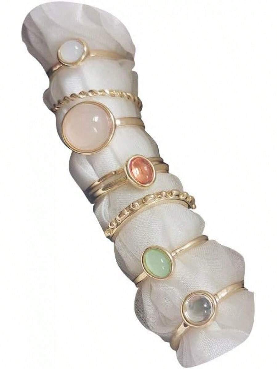ItsStarred Juego de 7-19 anillos de nudillos de estrella y luna plateados para mujeres, anillos midi apilables vintage - A3: Piedra dorada - Ver 1