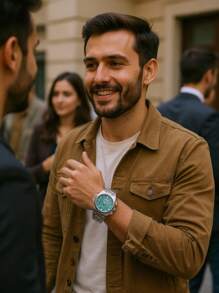 1 Peça Relógio Quartz Masculino com Caixa de Prata e Mostrador Verde, Desenho Simples
