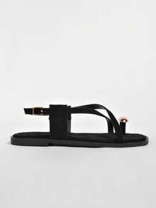 Summer New Metal Decor Strap Flat Sandals For Women - Black - View 10