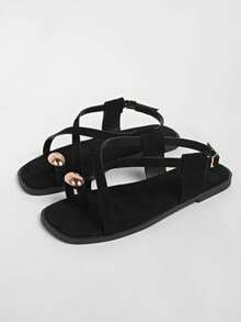Summer New Metal Decor Strap Flat Sandals For Women - Black - View 4