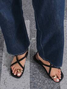 Summer New Metal Decor Strap Flat Sandals For Women - Black - View 6