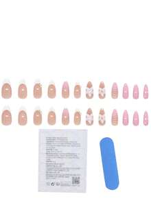 24 件中号杏仁形白色法式美甲仿真指甲套装，带有 3D 花朵、贝壳、珍珠和水滴设计（包含：1 件指甲胶、1 个指甲锉）- 适合女性日常、约会、派对