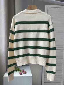 春秋新款POLO领复古条纹撞色长袖针织衫女式宽松半开襟复古风毛衣上衣圣诞新年