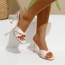 Women's Square Toe Textured Apricot Comfortable Summer Simple Evening Wedding Party Slim High Heel Sandals - Beige - View 6