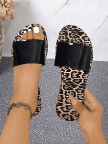 Sandálias femininas de verão com estampa de leopardo, confortáveis, casuais, vermelhas, rasteiras, chinelos leves