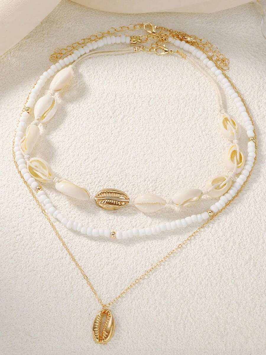3pcs/Set Fashionable Shell Necklace Set, Suitable For Beach, Party And Vacation Wear - Multicolor - View 1