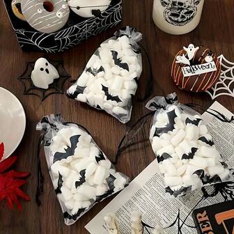 10/30PCS Halloween Bat Chiffon Gift Bag With Pulling Rope - Perfect Candy, Jewelry, And Party Gifts