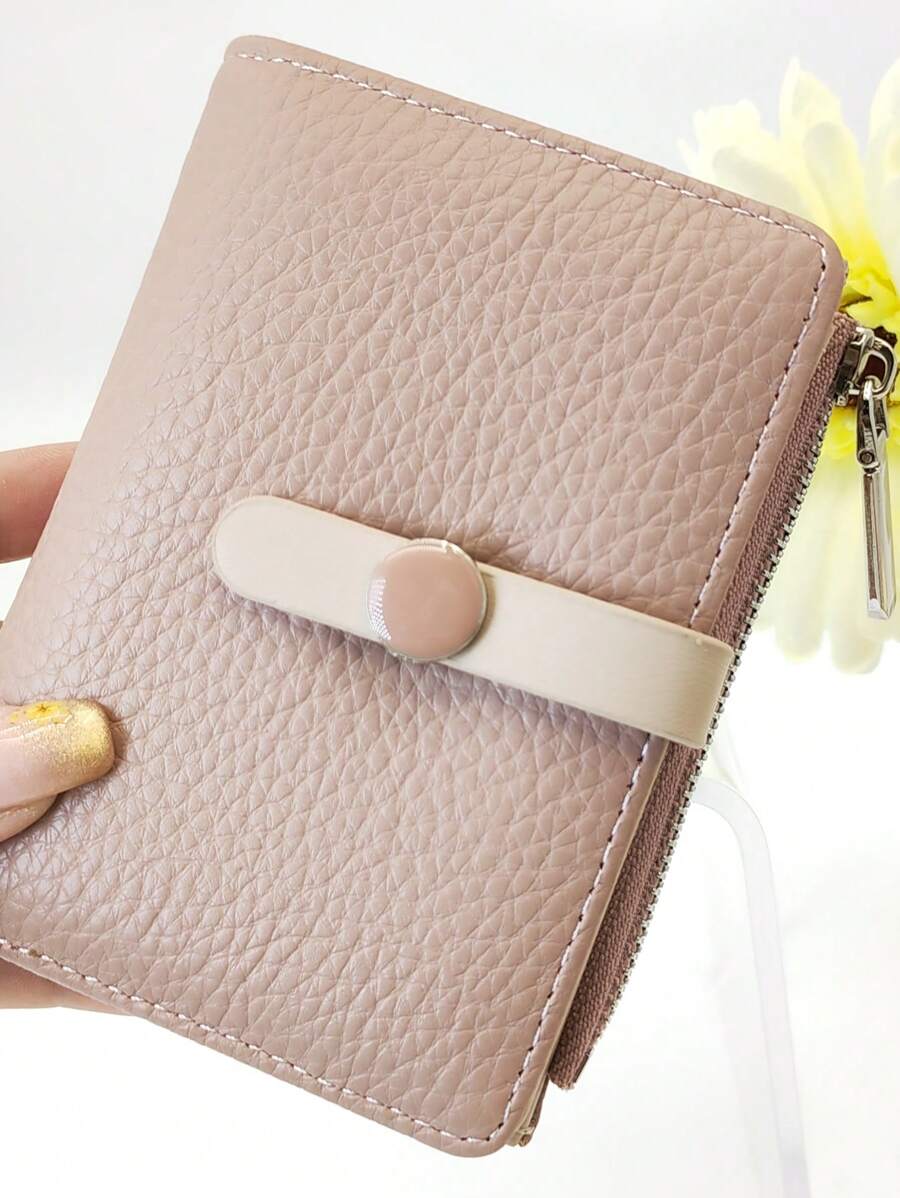 回到学校短款女士学生撞色拼接钱包，柔软 PU 多功能卡包，时尚按扣年轻学生大容量拉链零钱包，轻巧时尚，携带方便，适合作为节日礼物