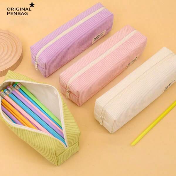 1pc Simple Pencil Case, (Free Of A Black Gel Pen) Large-Capacity Stationery Box, Corduroy Material, The Fabric Is Skin-Friendly And Comfortable, Suitable For Primary And Secondary School Students Stationery Pencil Case, Can Store All Kinds Of Stationery