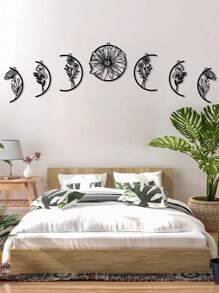 7 件波西米亚风格花卉月相金属墙饰，波西米亚风格家居装饰，高架床饰，花卉月亮墙饰，乔迁礼物，黑色