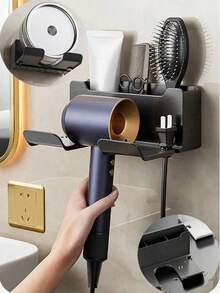 1 pièce Étagère de rangement murale en plastique de 16 cm pour salle de bain, support sans perçage pour sèche-cheveux, organisateur multifonction pour sèche-cheveux, peigne, cosmétiques et pinceaux de maquillage, étagère de salle de bain à grande capacité, support mural pour sèche-cheveux avec crochet, étagère de rangement de salle de bain sans perçage, organisateur d'outils de coiffure, décoration pratique de salle de bain, accessoires de salle de bain - Multicolore - Voir 6