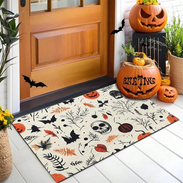 1 pezzo Doormat con stampa di Ognissanti, fantasma, bat, 650g di velluto cristallo + silicone TPR, spessore 0,5 cm, elementi autunnali di campagna classici, morbido e piccolo rug, adatto per uso esterno, interno, soggiorno, camera da letto, laroom, bagno, lavatrice, tappetino d'ingresso piccolo a 4 scomparti, decorazione per la casa