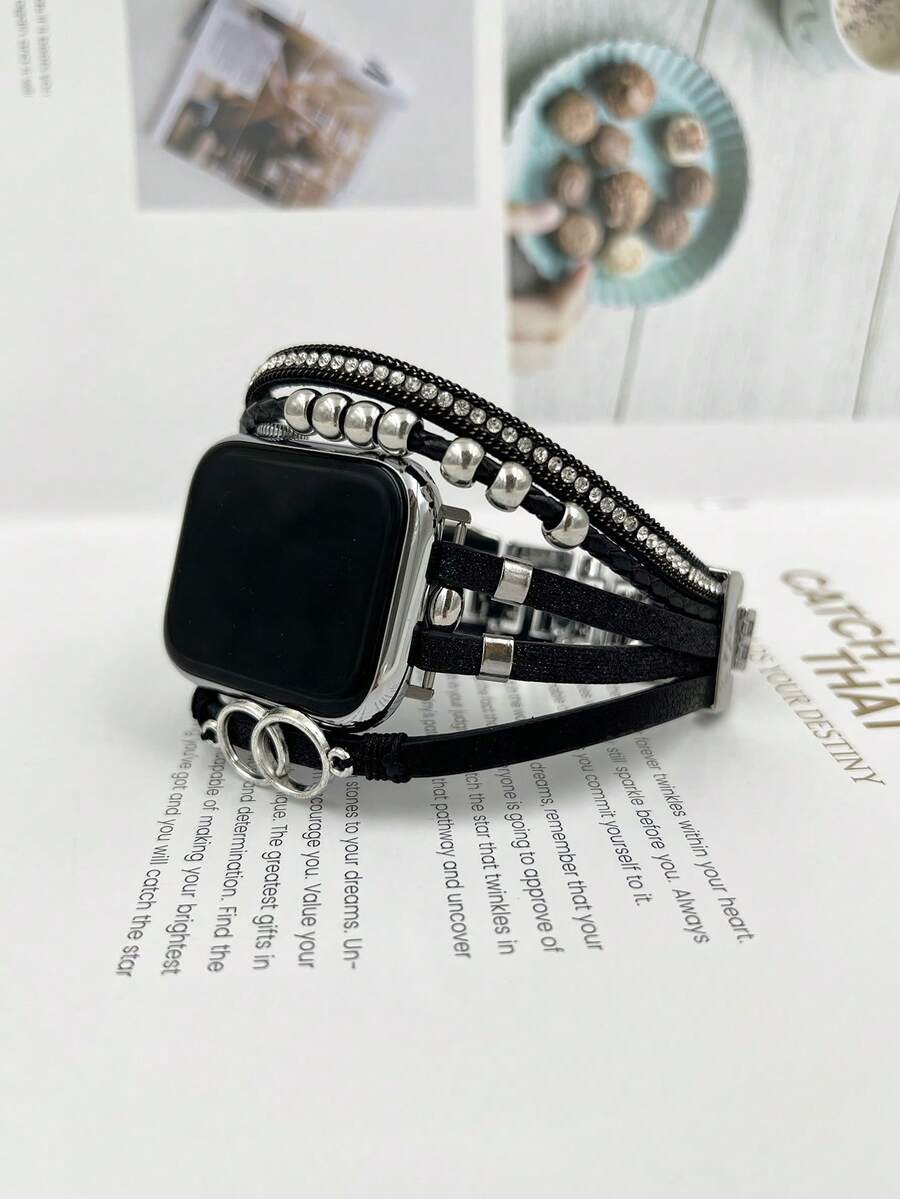 1pc Adjustable Length Multi-Strand PU Leather Watch Band With Rhinestones, Boho Style Metal Wrist Strap Compatible With 38/40/41/42/44/45/49mm Watches For Ultra/SE/Series 9/8/7/6/5/4/3/2/1 - Black - View 1